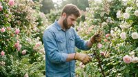 Caucasian male farmer in denim shirt harvesting pink and white flowers in blooming garden, suitable for agriculture, horticulture, and gardening content.