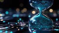 Digital hourglass with glowing blue binary code pattern on dark background with bokeh lights, symbolizing time management and technology transformation.