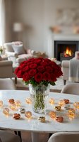 Luxurious red roses bouquet in crystal vase with golden lights and chocolates on white table in cozy living room with fireplace for romantic celebration.