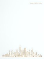 Minimalist cityscape skyline with gold line art buildings and skyscrapers on white background, featuring Christmas 2027 text for holiday greeting cards and festive design projects.