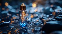 Lightning bolt trapped in glass bottle with blue crystals on wet dark stones, magical glowing energy captured in vintage container with copper lid.