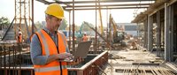 Construction worker in safety gear using laptop at building site with concrete framework and heavy machinery in background.