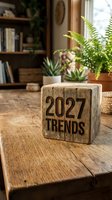 Wooden block displaying 2027 trends text on rustic table with houseplants and bookshelf in cozy home office interior for business planning and forecasting.