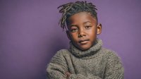 Young African American boy with dreadlocks wearing gray knit turtleneck sweater against purple background. Confident expression and casual winter fashion.