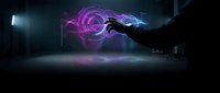Silhouetted hand manipulating glowing purple and blue energy vortex in dark industrial space, representing technology, innovation, and digital power control for futuristic concepts.