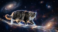 Fluffy tabby cat walking on cosmic branch against starry galaxy background with nebulae and celestial bodies creating magical space fantasy scene.