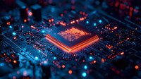 Glowing microprocessor on circuit board with orange and blue lights creating futuristic technology mood, close-up view of electronic components and digital architecture.