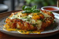 Savory breakfast hash brown nest with fried egg, melted cheese, and fresh herbs served on rustic plate with dipping sauce, perfect for brunch menus.