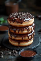 Stack of fresh chocolate glazed donuts with dark chocolate drips and sprinkles on black stone background. Rich dessert photography for menu or bakery promotion.