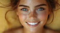 Close up portrait of young woman with freckles, bright blue eyes and radiant smile against yellow background. Natural beauty concept for skincare and dental advertising.