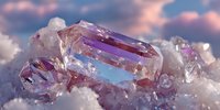 Vibrant purple crystal formation against dreamy cloudy sky background, showcasing natural mineral growth with translucent facets and iridescent reflections.