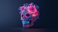 Glowing neon skull with vibrant pink and blue flowers blooming from crown, illuminated against dark background creates mystical and artistic composition.