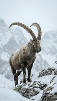 Alpine ibex with curved horns standing on snowy mountain rocks during winter snowfall in natural habitat.