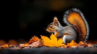 Gray squirrel with fluffy tail sitting among colorful autumn leaves and acorns on dark background for seasonal wildlife photography projects.