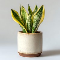 Snake plant with yellow edges in modern ceramic pot on neutral background for home decor and interior design projects.