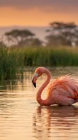 Flamingo wading in shallow water at sunset with reeds and trees in soft focus background, ideal for wildlife and nature themes.