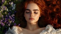 Young redhead woman with closed eyes lying among purple flowers in soft natural light creating dreamy romantic portrait for wellness and beauty concepts.