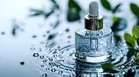 Glass dropper bottle with pure serum creating ripples in clear water, surrounded by green leaves and water drops. Perfect for cosmetic and skincare advertising.