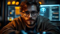 Young bearded man with glasses working late at computer in modern office with warm ambient lighting and digital screens in background.
