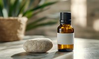 Essential oil amber bottle with blank label and zen stone on white surface, soft natural lighting creates calming atmosphere for wellness and aromatherapy concepts.