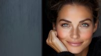 Young Mediterranean woman with natural makeup and blue eyes smiling warmly while resting chin on hand against dark background, portraying confidence and authenticity.