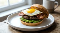 Gourmet burger with fried egg, crispy bacon, fresh lettuce and beef patty on sesame bun served on white plate. Morning breakfast or brunch meal concept.