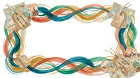 Decorative frame with intertwined teal, orange, and gold ribbons, vintage kraft paper tags, and botanical elements arranged in corners for greeting cards, invitations, and creative design projects.