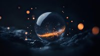 Mystical glass sphere with glowing orange light streak floating among dark clouds and bokeh particles, creating magical atmospheric scene at night.