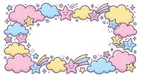 Colorful pastel clouds, stars and rainbows frame border on white background. Cute kawaii style design for children decor, baby shower invitations.
