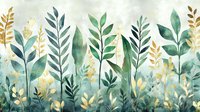 Delicate watercolor foliage pattern in mint green and gold tones creates serene botanical composition with leaves and branches on light background. Seamless repeat design.