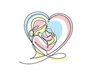 Continuous line drawing of mother holding baby in heart shape with pastel colors on white background for family designs and motherhood concepts.
