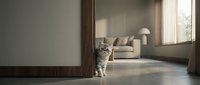 Adorable tabby kitten sitting on wooden floor in modern living room with natural sunlight streaming through large windows creating warm atmosphere.