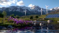 Sustainable energy landscape with wind turbines and solar panels near mountain lake, purple wildflowers blooming on shore, reflecting in calm water at sunset.