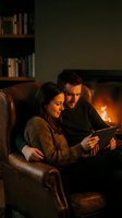 Couple relaxing together on leather sofa using tablet by warm fireplace in cozy living room with bookshelves creating intimate evening atmosphere at home.
