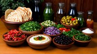 Fresh Mediterranean mezze platter with hummus, olives, vegetables, herbs and pita bread in traditional clay bowls on wooden table, colorful appetizers for party.