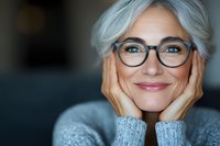 Mature Caucasian woman with silver hair and glasses smiling warmly while holding face in hands, wearing cozy grey sweater. Natural lifestyle portrait showing confidence and joy.