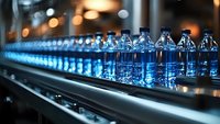 Rows of plastic bottles filled with blue liquid on industrial conveyor belt, illuminated by dramatic lighting creating bokeh effect in manufacturing facility.