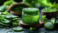 Fresh aloe vera gel in glass jar with water drops, natural leaves and wooden coaster on dark background, skincare and wellness concept.