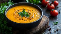 Creamy pumpkin soup garnished with fresh herbs, black pepper, and olive oil swirl in black bowl on rustic wooden board, fresh tomatoes and parsley aside.
