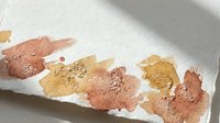 Coral and gold watercolor paint strokes on textured white paper with natural shadow overlay for artistic design projects.