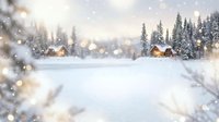 Snowy winter landscape with frozen lake, evergreen forest, and warm cabin lights glowing in distance during snowfall. Ideal for holiday, seasonal, and nature-themed designs.