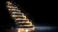 Glowing golden stairway with magical sparkles and light particles floating in dark space, mystical ascending steps leading upward on black background.
