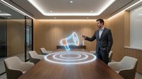 Caucasian businessman in suit pointing at glowing holographic megaphone in modern conference room, symbolizing marketing strategy and communication.