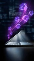 Purple holographic house icons floating from laptop screen representing digital real estate growth and online property investment technology.