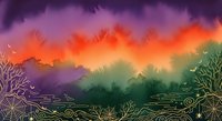 Vibrant sunset landscape with colorful sky gradient from purple to orange, silhouetted trees and decorative golden swirls for nature backgrounds.