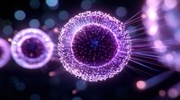 Purple glowing virus cells with spiky protein structures floating in dark space with bokeh light effects for medical and scientific presentations.