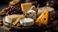 Gourmet cheese board with variety of artisanal cheeses including blue, brie, cheddar and camembert on rustic wooden platter with grapes, nuts and crackers.