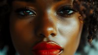 Close up portrait of young African American woman with natural curly hair, bright red lipstick, glowing skin and intense blue eyes looking directly at camera.