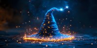 Glowing magical wizard hat with sparkling lights and mystical energy floating in dark atmospheric setting, fantasy concept for book covers and game design.