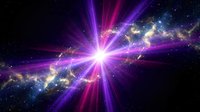 Cosmic explosion with bright purple and pink light rays bursting from center through colorful nebula clouds and starfield in deep space astronomy scene.